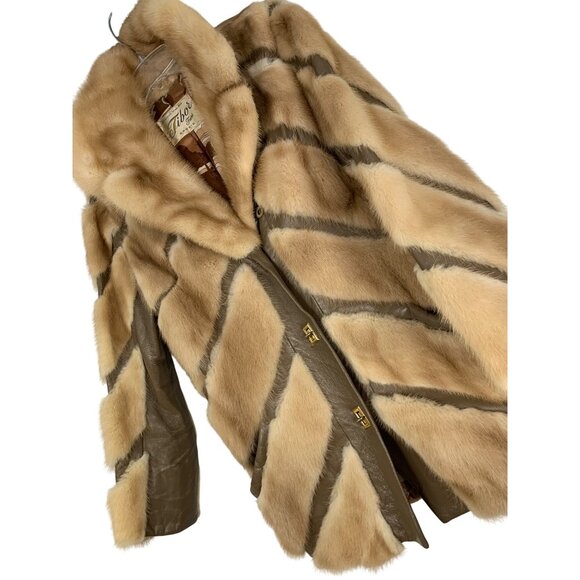 Vintage 60's Tibor Furs Skokie Chevron Mink & Leather Coat Sz SmallRV10315